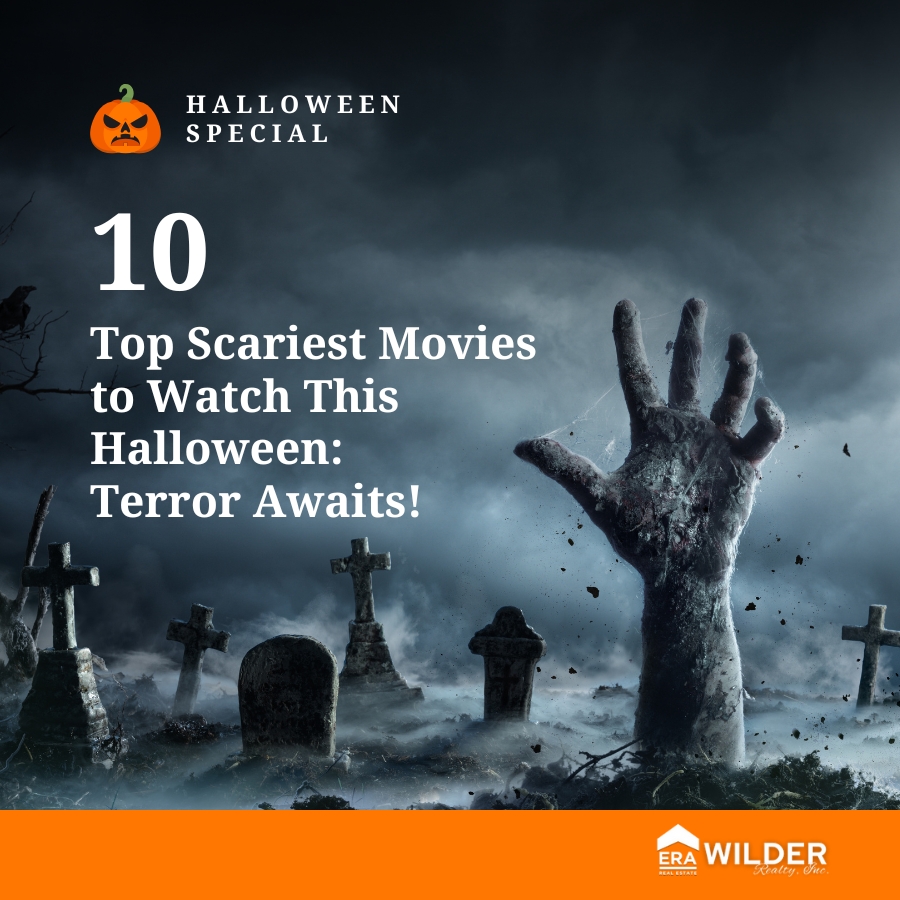 Haunted movie reel showcasing the top 10 scariest Halloween movies.